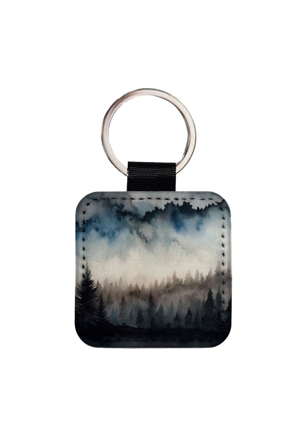 Black Shadow Forest Ombre Watercolor Faux Leather Square Keychain