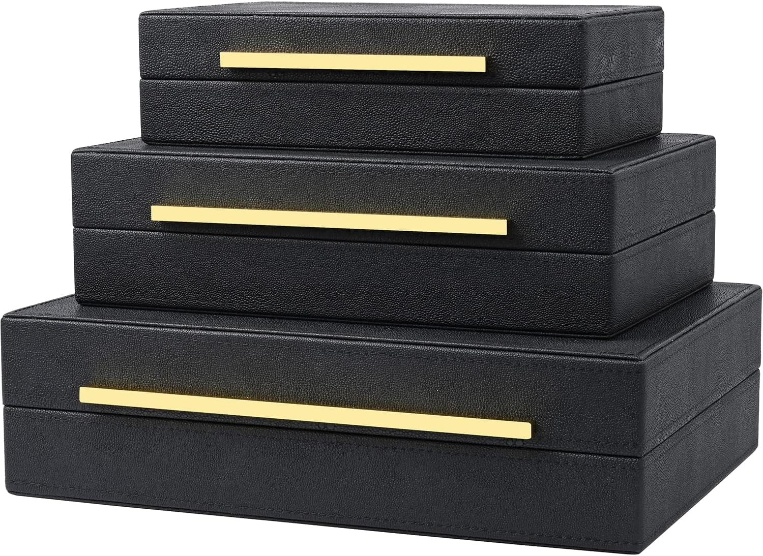 Black Faux Leather Rectangular Decorative Storage Boxes with Gold Handles, Set of 3