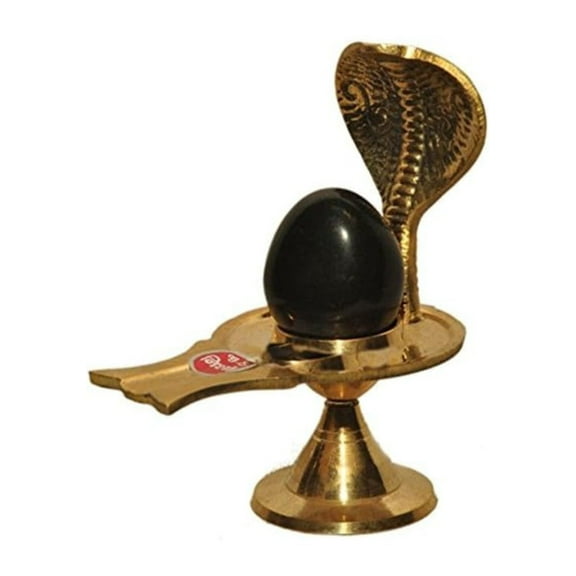 Black Shaligram Shivlingam Lingam Lingham Stone with Brass Holder Hindu Puja Stand Naag