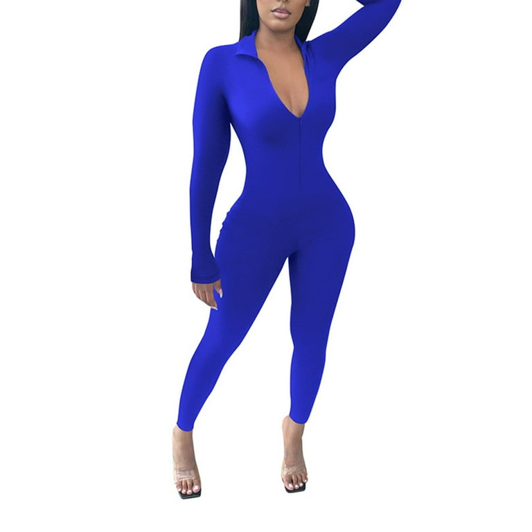 Black Shapewear Bodysuit Women Solid Color Tight Zipper One Piece Jumpsuits  For Women Blue S 