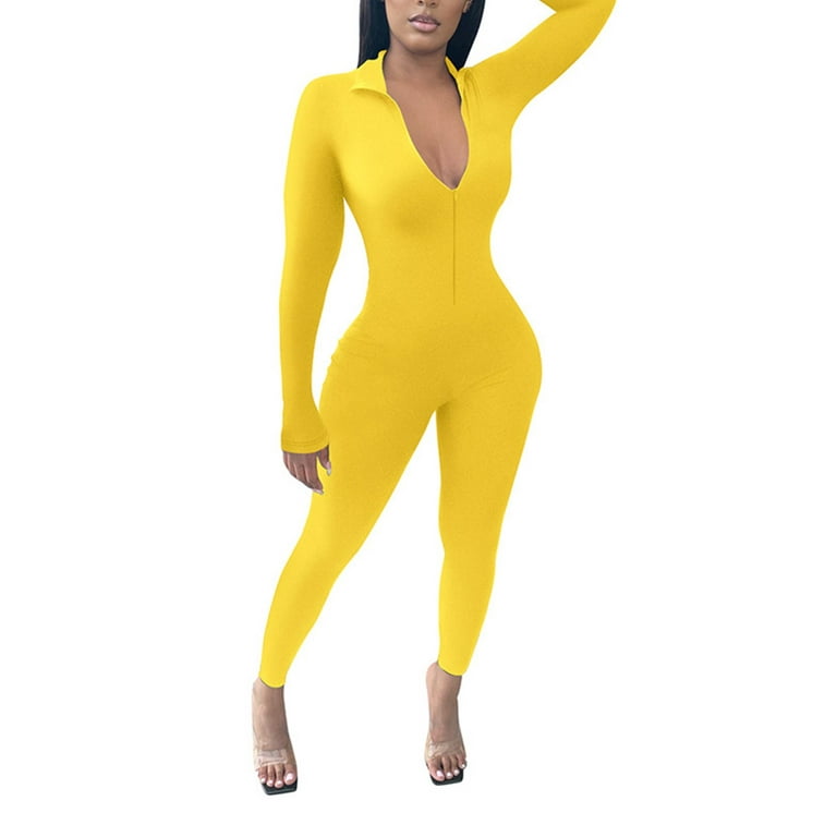 Black Shapewear Bodysuit Women Solid Color Tight Zipper One Piece Jumpsuits  For Women Yellow M
