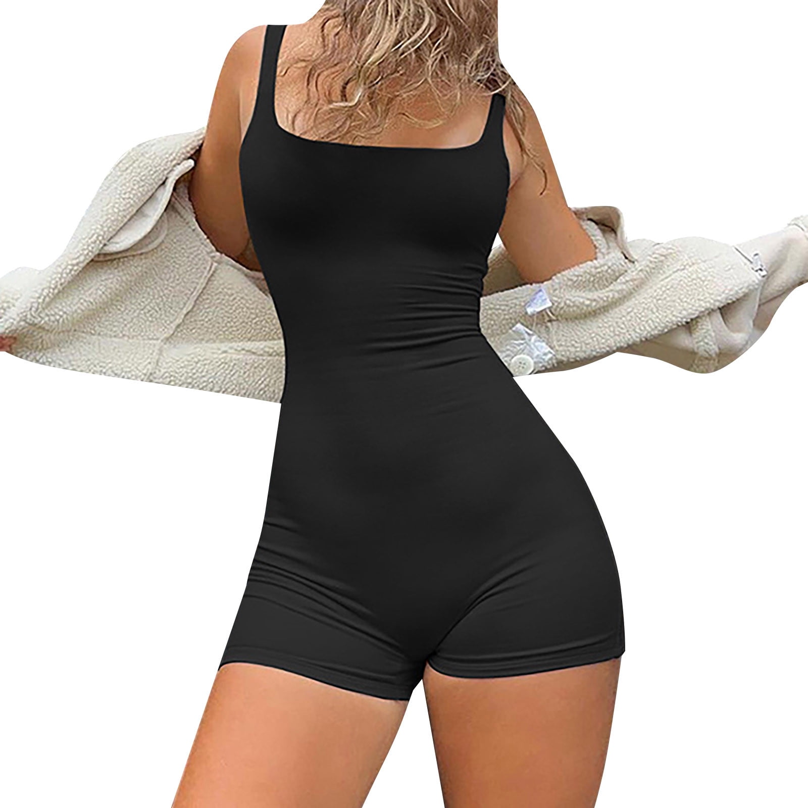 Black Shapewear Bodysuit Women Sport Yoga Knitted One Line Neck Short  Sleeves Stitching Sports Slim Casual One Piece Jumpsuits For Women Black S