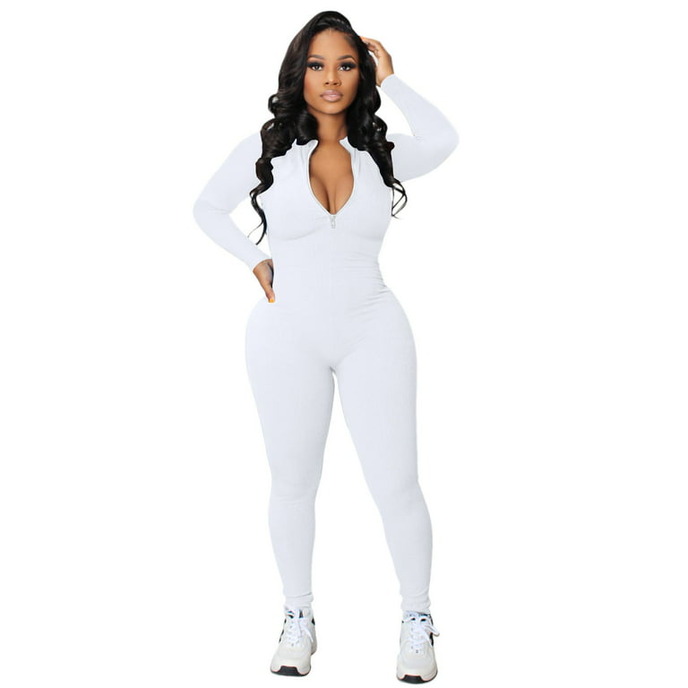 Black Shapewear Bodysuit Women Zipper V Neck Long Sleeve Rompers Catsuit  Sport Jumpsuits For Women Casual Summer White L 