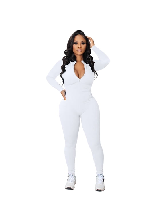 Black Shapewear Bodysuit Women Zipper V Neck Long Sleeve Rompers Catsuit Sport Jumpsuits For Women Summer White S