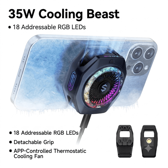 Black Shark Magnetic Phone Cooler 5 Pro 35W Fast Cooling Fan, APP Control, RGB LEDs, Compatible with MagSafe iPhone Android iPad