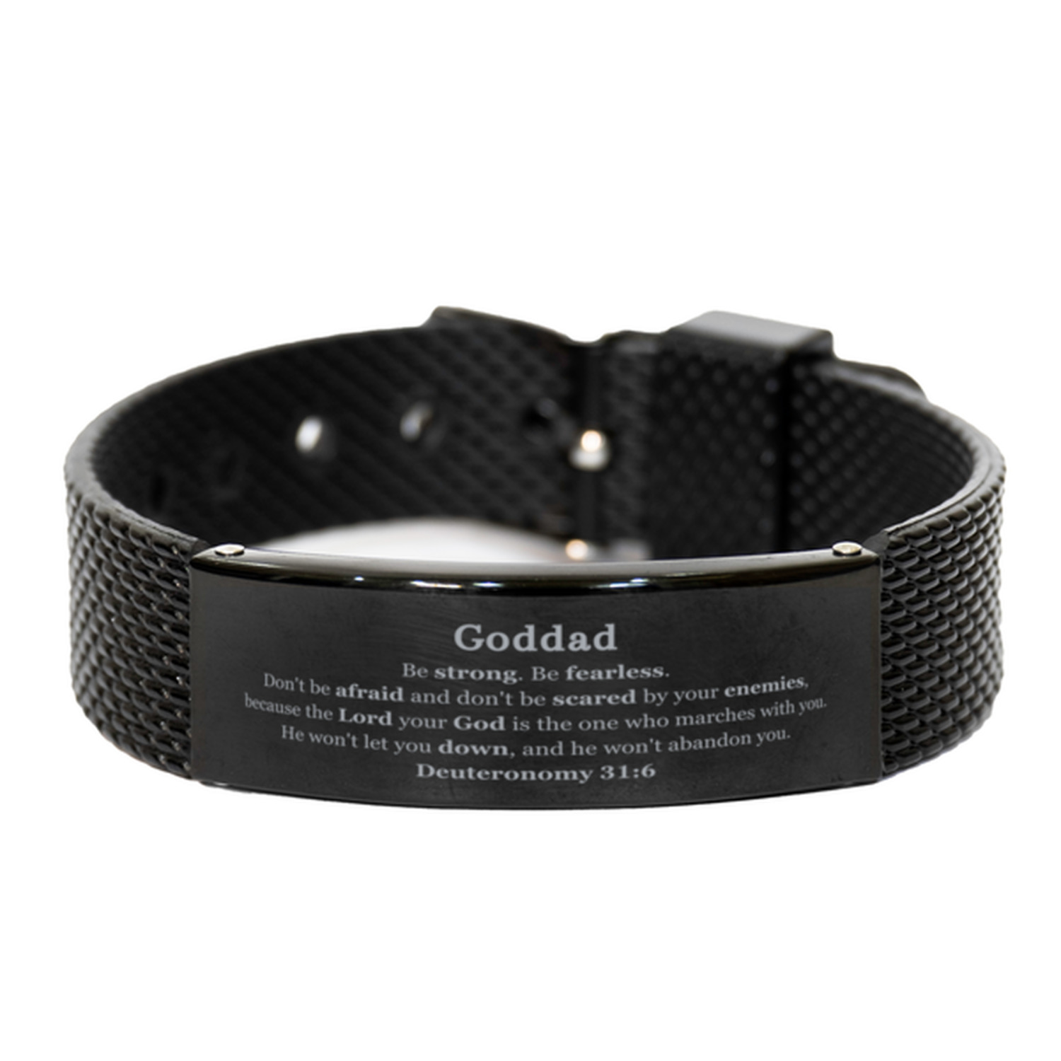 Black Shark Mesh Bracelet Goddad Gift - Strength  Hope Engraved Bracelet for Dad, Birthday, Christmas, Graduation - Inspirational Jewelry for Men with Deuteronomy 31:6 Quote