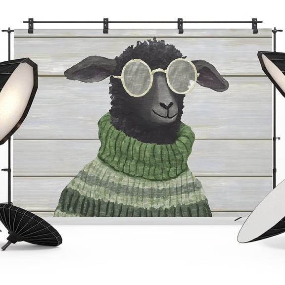 Black Sheep Backdrops for Photography, Glasses Green Sweater Wood Grain Funny Animal Pattern Fabric Photo Background Sturdy Studio Props for Photo Studio, Video Recording, Booth & Photoshoot 10x8ft