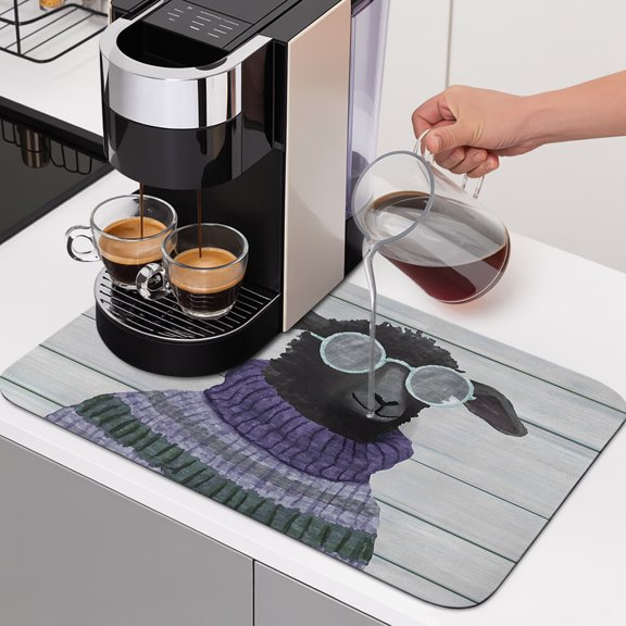 Black Sheep Dish Drying Mats for Kitchen Counter, Glasses Purple Sweater Wood Grain Funny Animal Absorbent Coffee Bar Mat with Non-slip Rubber Backed Quick Drying Dish Rack Pad 12"x16"
