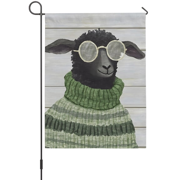 Black Sheep Garden Flags For Outdoor, Glasses Green Sweater Wood Grain Funny Animal Small Double Side Yard Flags Weather Proof Garden Decor for Lawn Outside Holiday 12 x 18 Inches