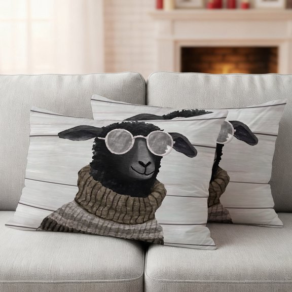 Black Sheep Pillow Covers 2 Pack Glasses Brown Sweater Wood Grain Funny Animal Pillowcase Waterproof Outdoor Throw Pillow Cover for Patio Garden Balcony Decorative Square Cushion 20"x12"