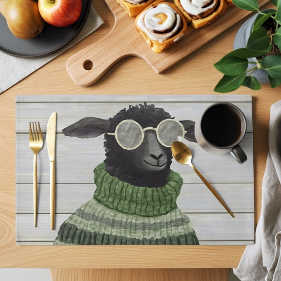 Black Sheep Placemats Set of 8, Glasses Green Sweater Wood Grain Funny Animal Heat Insulated Linen Place Mats, Washable Stain-Proof Table Mats for Dining Tables Holiday Decor 13x19 Inches