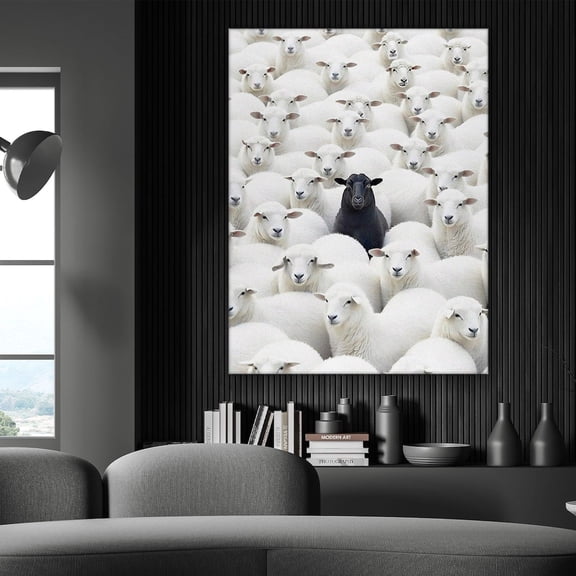 Black Sheep Sheep Art Poster Wall Art - Stand Out Be Different Animal Wall Art - Black And White Art Quirky Minimalist Home Poster On UNFRAMED Poster, 24x36