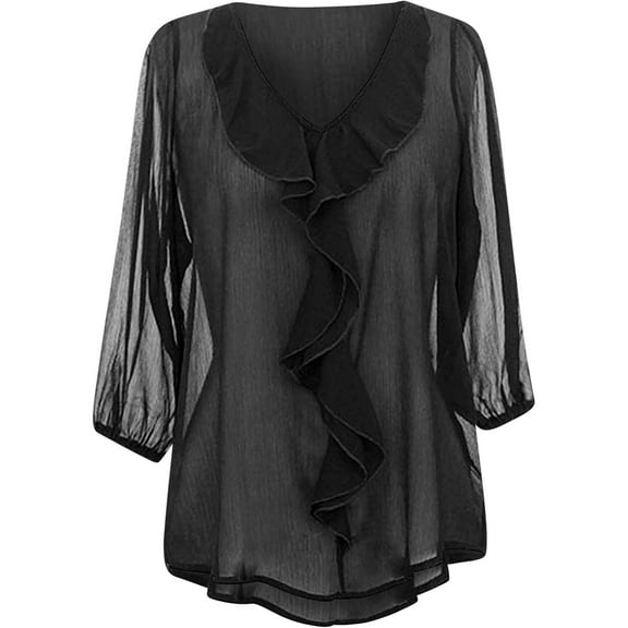 Black Sheer Chiffon Top With Ruffled Neckline Size Small