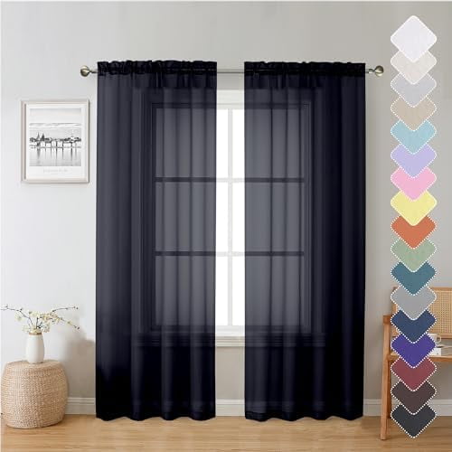 Black Sheer Curtain Panels 72 Inch Length, Light Filtering Window Curtain Drapes Treatment for Living Room, Breathable Rod Pocket Sheer Curtains for Bedroom, 2 Panels, Each 40" Wx72 L