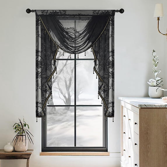 Black Sheer Curtain Waterfall Valance For Living Room Rod Pocket Voile ...