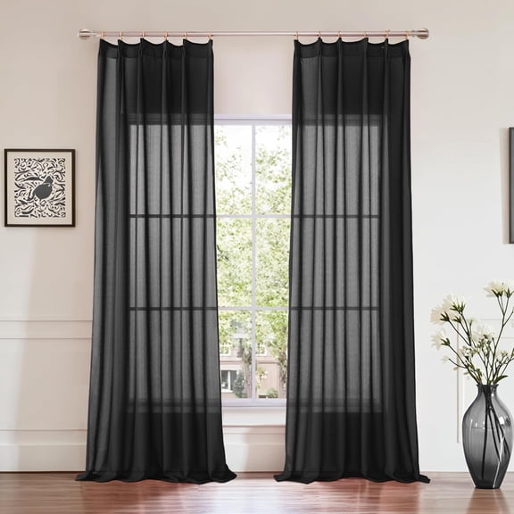 Black Sheer Curtains, 120 Inches Long, Pinch Pleated Half Privacy Voile, Tree Branch Textured, with Hooks, 2 Panels, 42x120 Inches