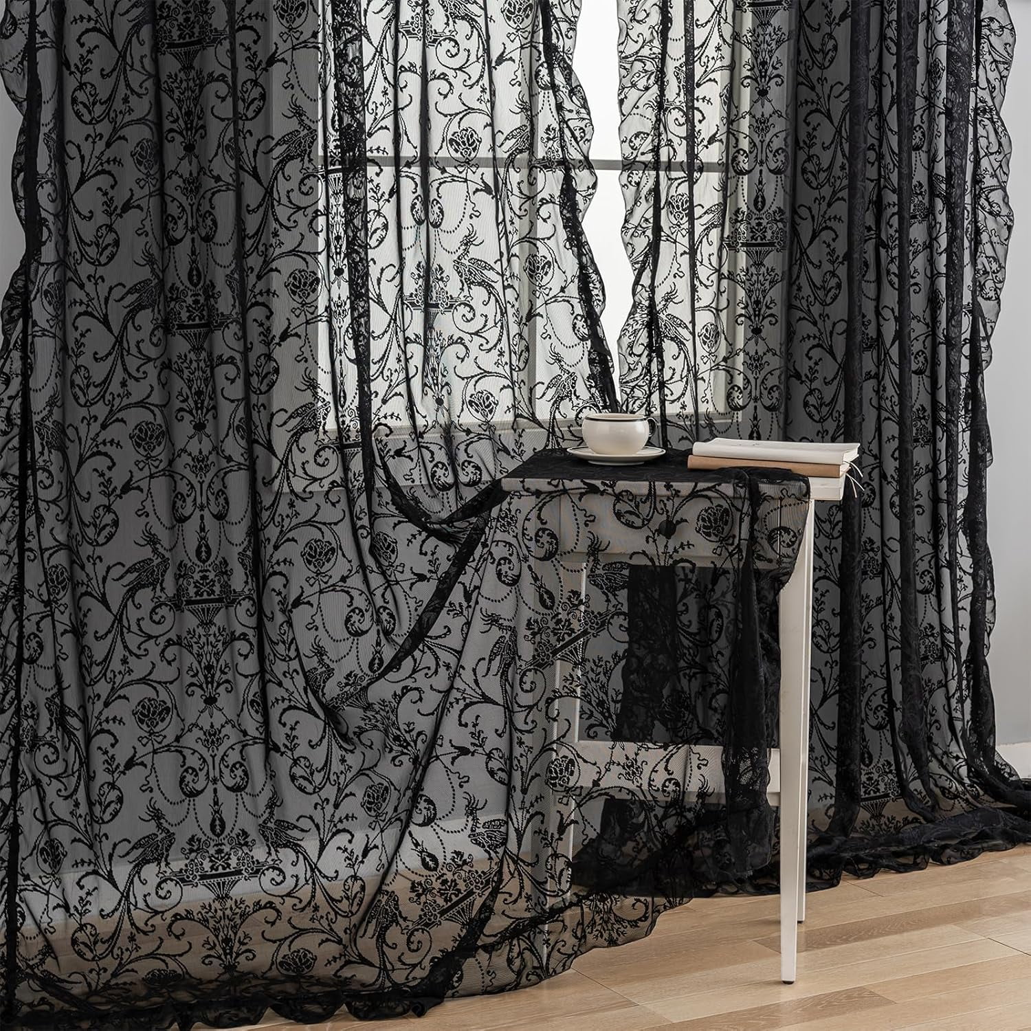 Black Sheer Curtains 84 Inches Long Shabby Chic Knitted Floral Lace — free download