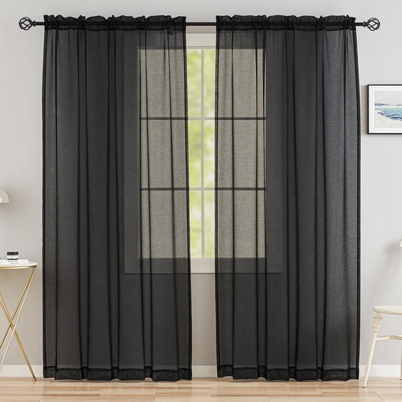 Black Sheer Curtains 95 Inches Long, Rod Pocket Window Curtain Panels for Living Room, Bedroom, Kitchen, Door, Window Treatments Semi Sheer Black Curtains 2 Panels, Black, 52" W x 95" L