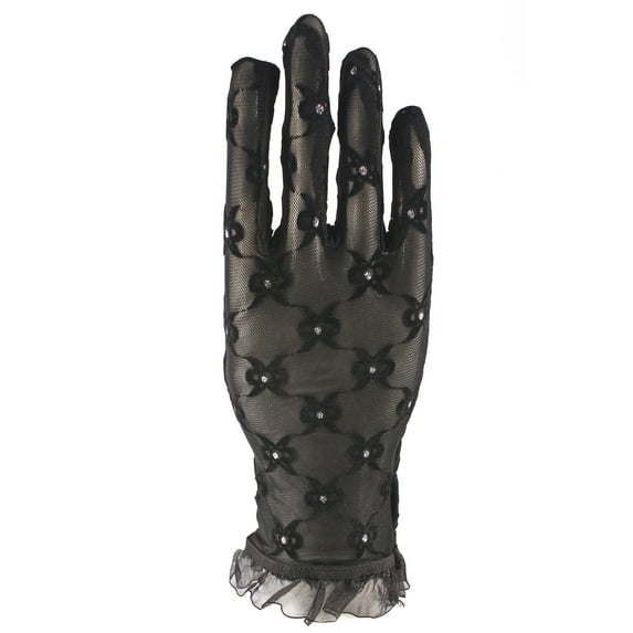 Black Sheer Gloves Wrist Ruffle - Bow Design, Glitter Accent - Party, Dress Up