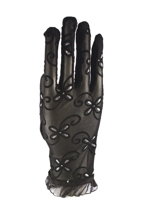 Black Sheer Gloves Wrist Ruffle - Flower Design, Glitter Accent - Party, Dress Up