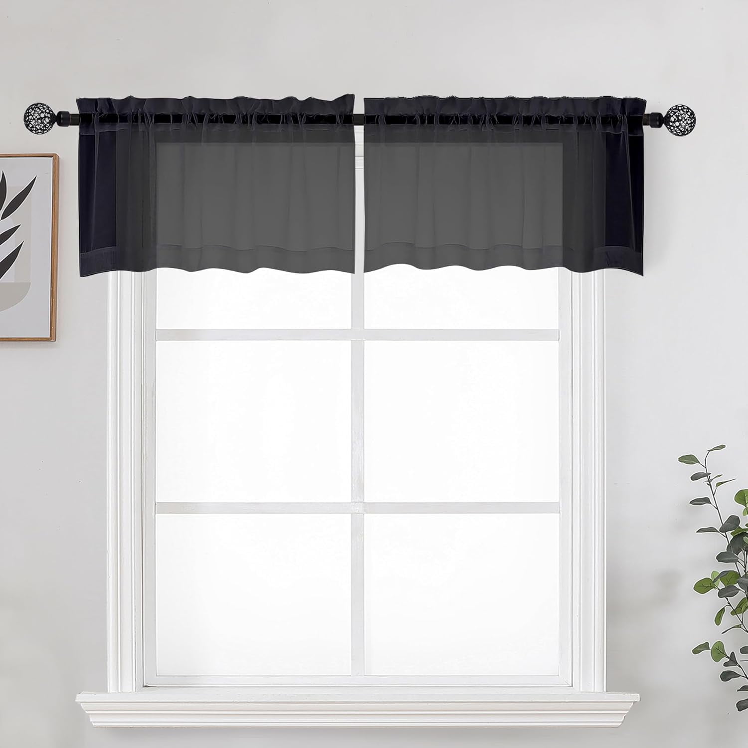 Black Sheer Kitchen Valance for Windows Set of 2, Small Modern Rod ...