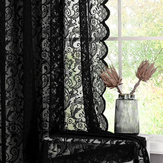 Black Sheer Lace Curtains 84 inch Vintage Floral Sheer Gothic Curtain Panels for Living Room Bedroom Luxury Light Filtering Drapes Black Window Treatment Sets Rod Pocket 2 Panels 52" Wx84 L