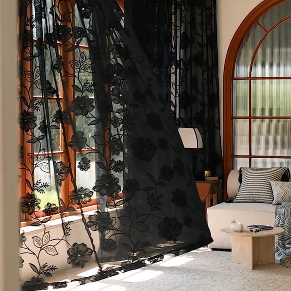 Black Sheer Lace Curtains for Bedroom Living Room Studio 84inch Long Vintage Rose Floral Embroidered Semi Curtain Panels Privacy Leaf Drapes with Scalloped Edge 54" w 2pcs 7ft
