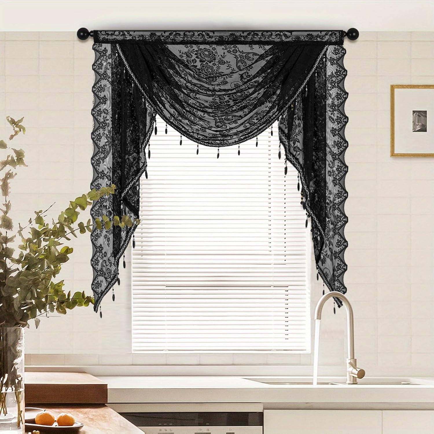 Black Sheer Lace Waterfall Window Valance with Bead Tassels Floral Embroidered Valance Curtains Semi Sheer Rod Pocket Valance/Swags for Bedroom/Living Room/Kitchen/Basement(Black,39"x41")