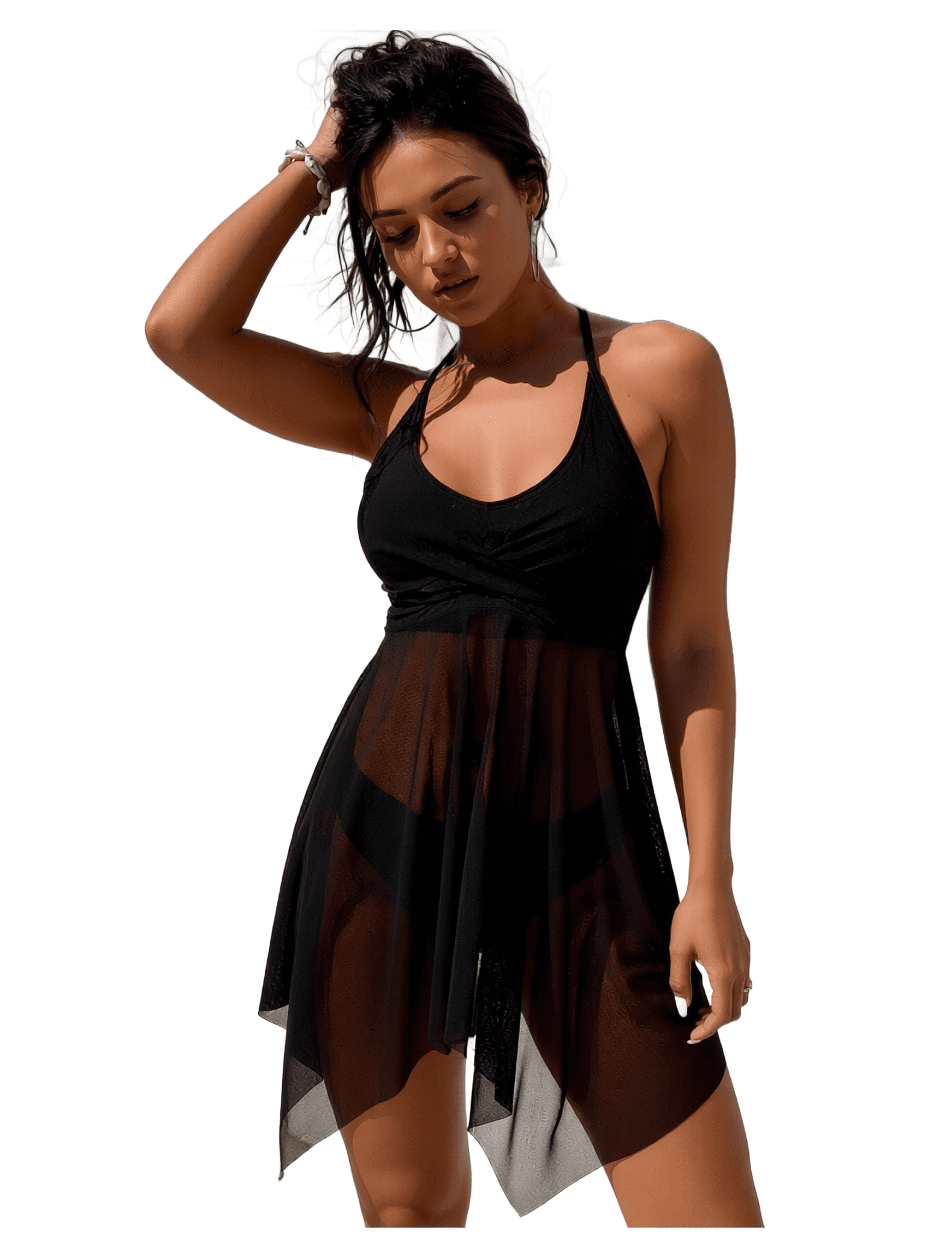 Black Sheer Mesh Overlay Halter One Piece Swim Dress with Twist Front ...