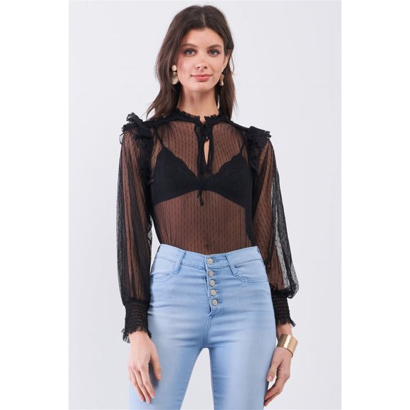 Black Sheer Mesh Polka Dot Frill Trim Long Sleeve Bodysuit