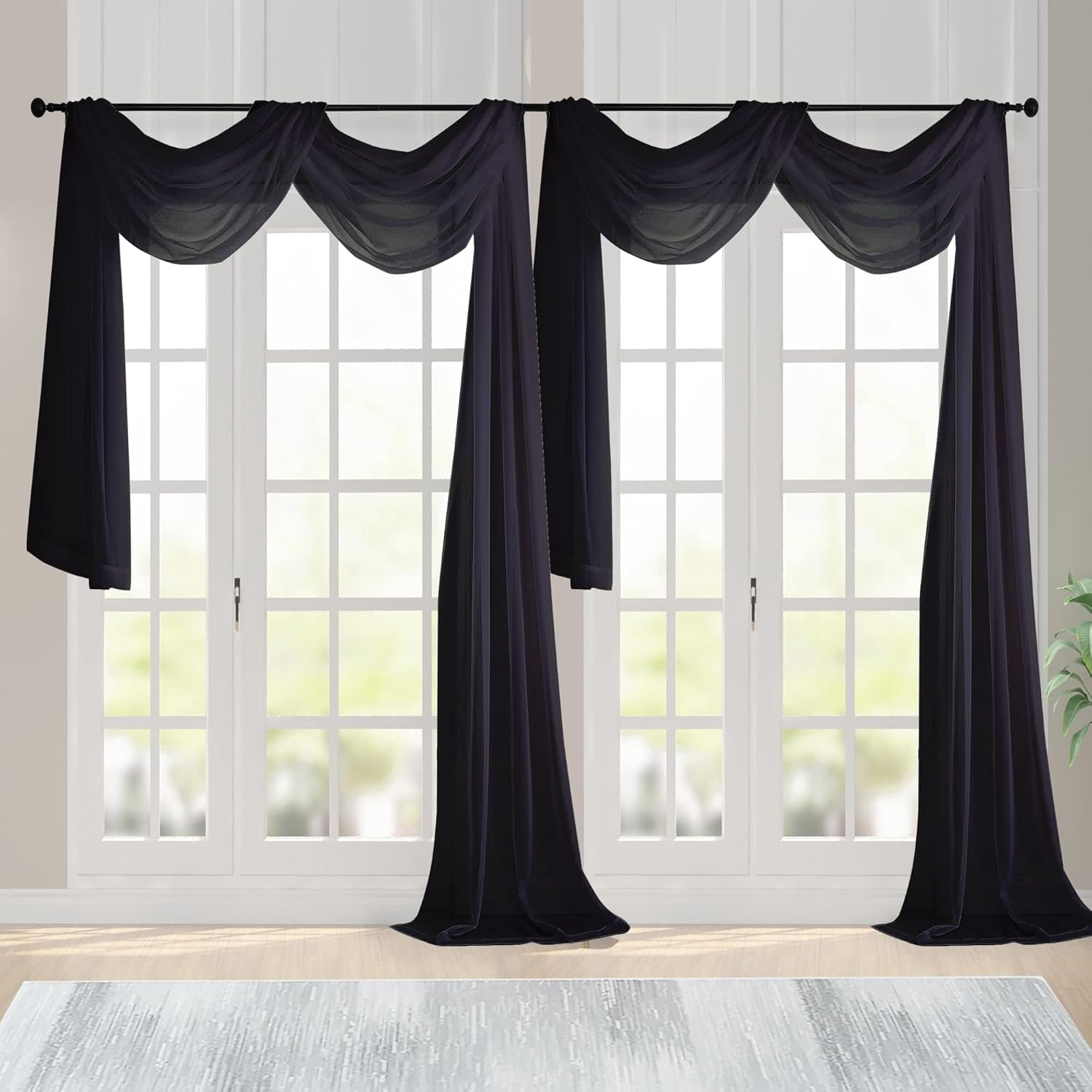 Black Sheer Scarf Valances for Windows 216 Inch Extra Long, Window