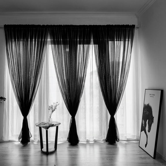Black Sheer Window Curtain Panels, Voile Top Dual Rod Pockets Light Filtering Airy Trendy Drapes Window Treatment, Semi-Sheer Rod Pocket Drapery Voile Fabric Drapes Wedding Arch Parties Decor