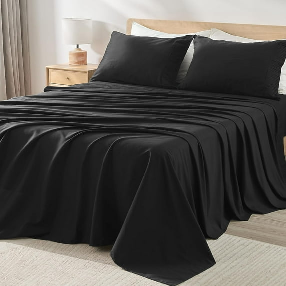 Black Sheets King Set 4 Pieces, Super Soft Sheets for King Size Bed, Microfiber King Sheet Set, Deep Pocket Up to 16", Hotel Luxury Breathable & Cooling Bedding Sheets & Pillowcases