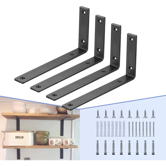 Black Shelf Bracket, 6” X 4” Quarter Inch (1/4") Thick- Max Load: 330 lb Rustic Industrial Modern Farmhouse Heavy Duty Cold Rolled Steel Bracket for Table Bench, Space Saving DIY, Pack of 4