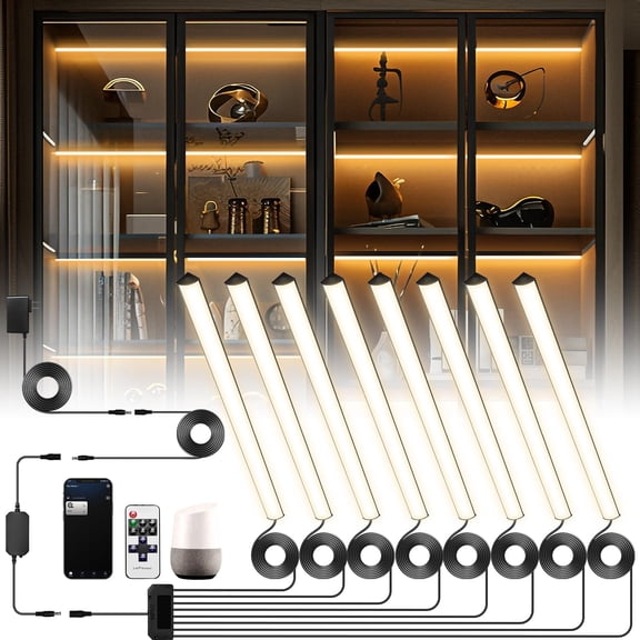 Black Shelf Lights, LED Bookcase Lighting Compatible with Alexa, WiFi Dimmable 2700K Under Shelf Lighting for Bookshelf, Display Case, Cabinets with App, Remote, Memory Function (8Pack 12In)