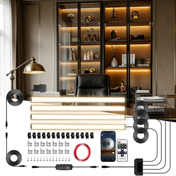 Gliztech Black Shelf Lights, LED Bookcase Lighting, BT Dimmable 2700K Under Shelf Lighting for Bookshelf, Display Case, Cabinets with App, Remote, Memory Function (4Pack 12In)