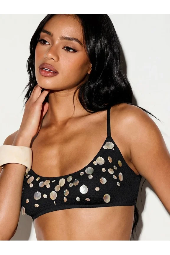 Black Shell Bead Embellished Bralette With Adjustable Straps