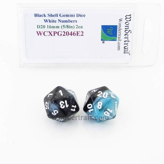 Black Shell Gemini Dice with White Numbers D20 Aprox 16mm (5/8in) Pack of 2 Wondertrail