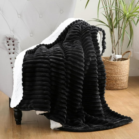 Black Sherpa Fleece Throw Blanket 50”×60” for Couch Sofa Bed, Double Side Soft Fuzzy Cozy Plush Thick Flannel Blanket with Striped Design Gift for Adults,Woman,Girls