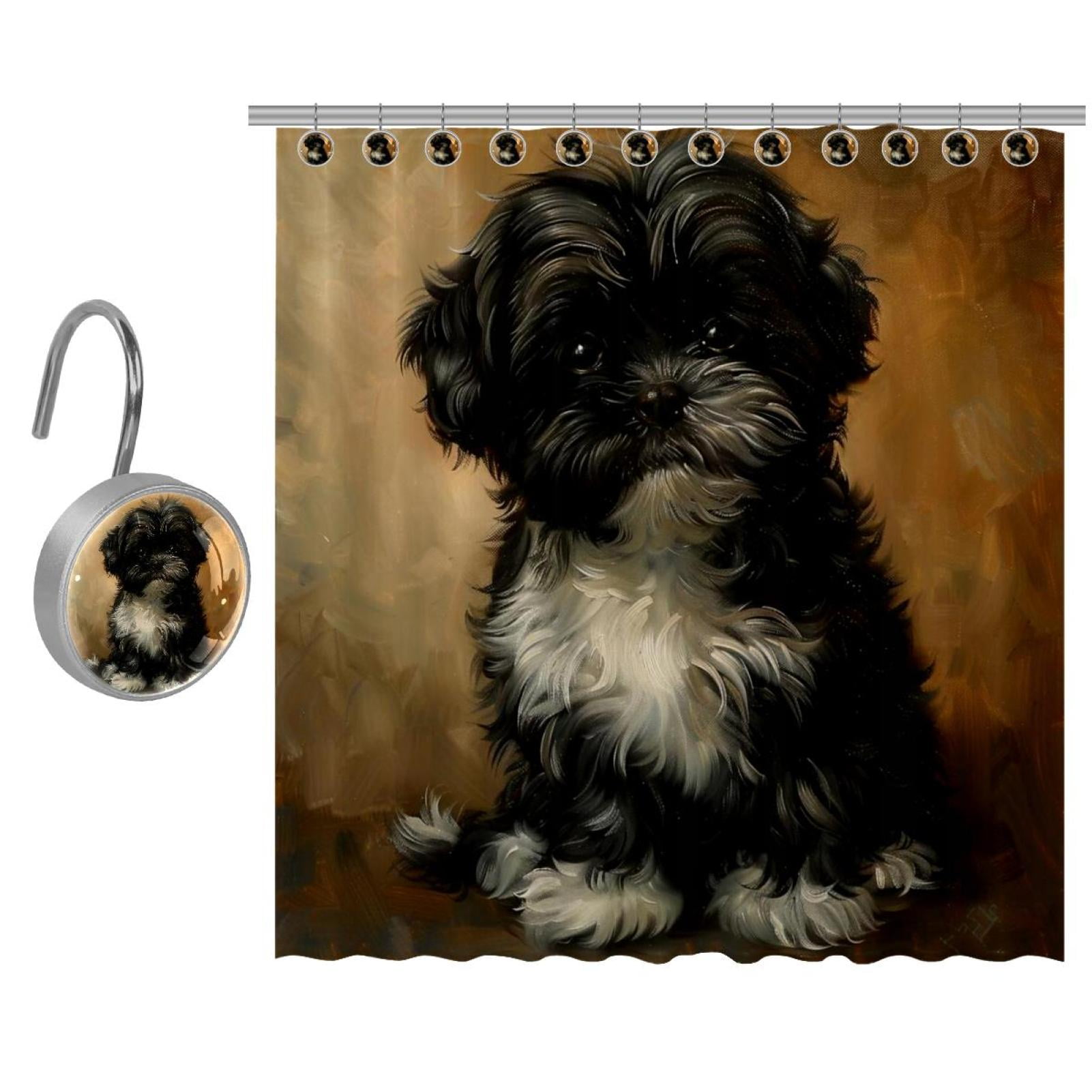 Black Shih Tzu Dog Puppy Prints Shower Curtain, Polyester Shower