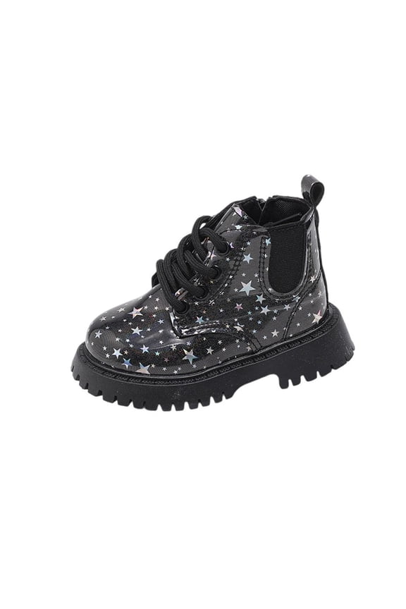 Black Shiny Patent Leather Ankle Boots With Star Print Front Lace-Up Design For Kids, Suitable For All-Season Use