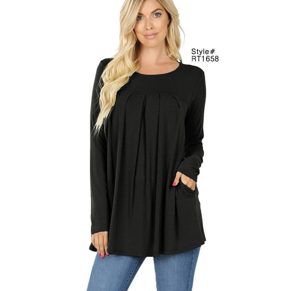 Black Shirred Front Long Sleeve Round Neck Top With Pockets