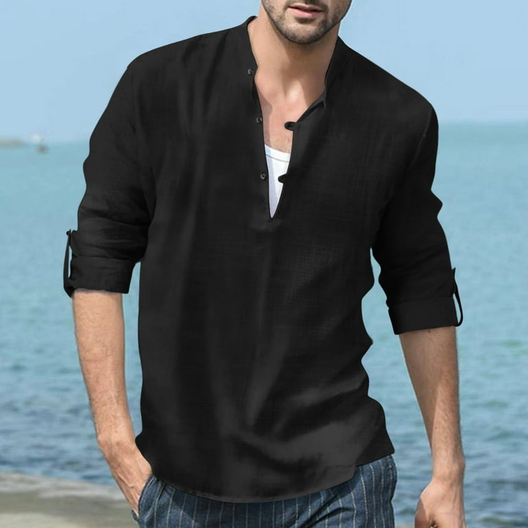 Men's Slim Fit Black Shirt, Casual Solid Roll Up Sleeve Blouse