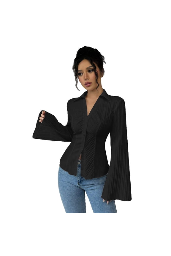 Black Shirts for Women's Bell Sleeve Button Up Shirt Collared Long Sleeve Ruched Textured Casual Work Blouse