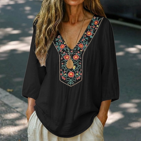 Black Shirts for Womens 3/4 Sleeve Fall Slim Fit Basic Shirt Layer for Office