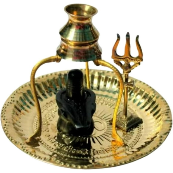 Black Shivling Shiva Ling with Brass Plate, Kalash with Stand/Trishul Brass Religious Gift