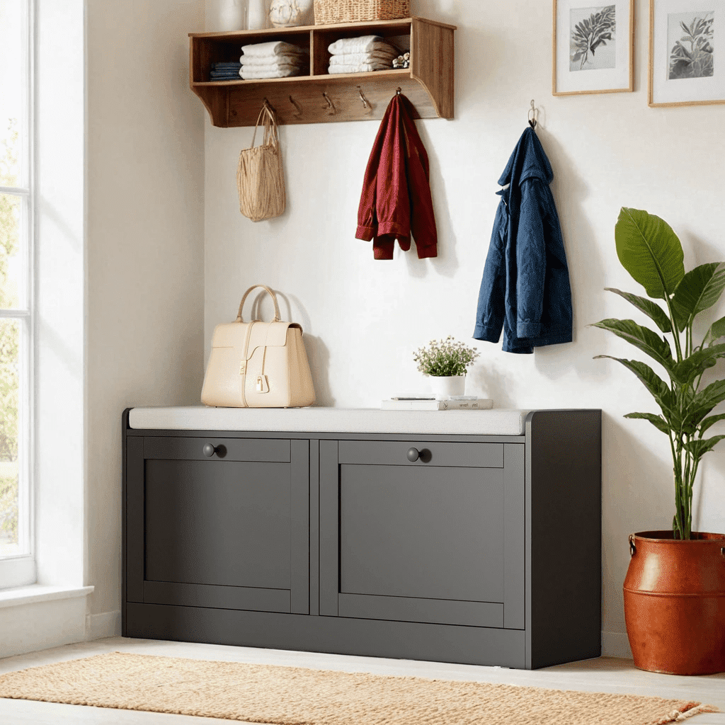 Black Shoe Bench, Modern Entryway Bench with 2 Flip Drawers, Shoe Rack Bench with Padded Seat Cushion, Wooden Shoe Storage Bench for Entryway, Bedroom and Apartment