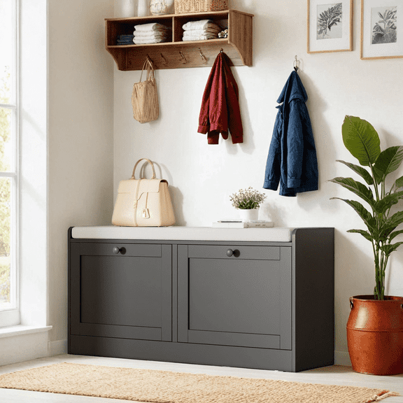 Black Shoe Bench, Modern Entryway Bench with 2 Flip Drawers, Shoe Rack Bench with Padded Seat Cushion, Wooden Shoe Storage Bench for Entryway, Bedroom and Apartment