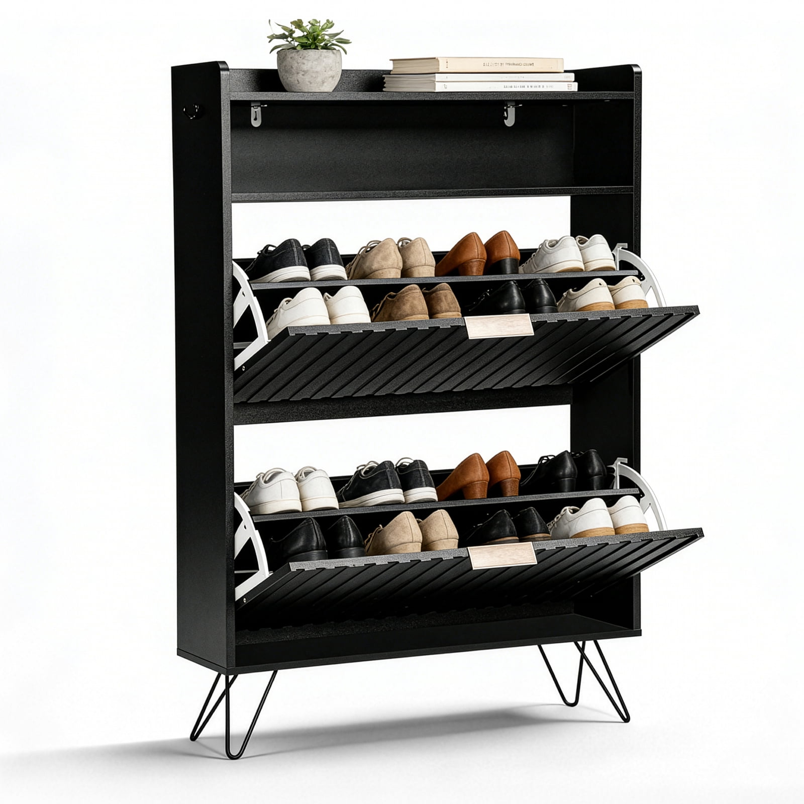 Black Shoe Cabinet with Grille Pattern, Flip-Top Compartment, 2 Drawers, Side Hooks and Elevated Feet, Slim Storage Organizer for Entryway Hallway Apartment