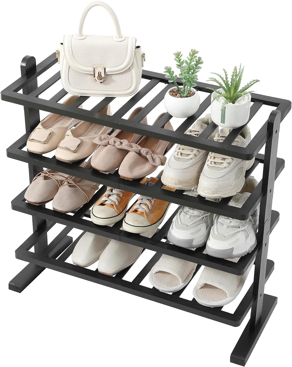 Black Shoe Rack, 4-Tier Bamboo Shoe Rack Organizer for Closet and ...